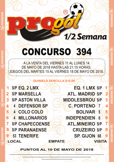 Partidos Progol Media Semana 394 Quiniela Ganadora