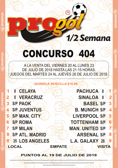 Partidos Progol Media Semana 404 Quiniela Ganadora