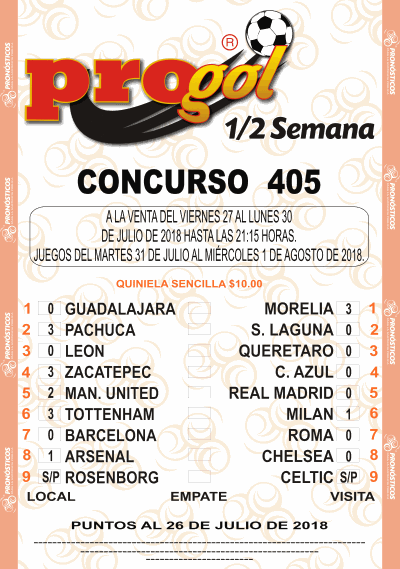 Partidos Progol Media Semana 405 Quiniela Ganadora