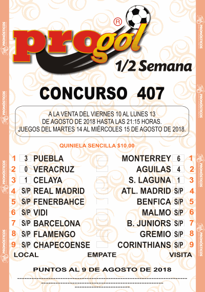 Partidos Progol Media Semana 407 Quiniela Ganadora