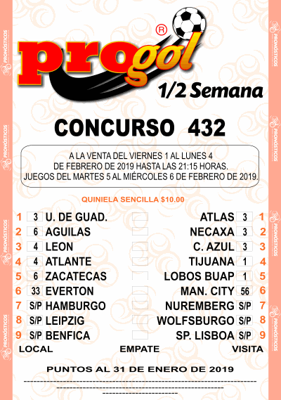 Partidos Progol Media Semana 432 Quiniela Ganadora
