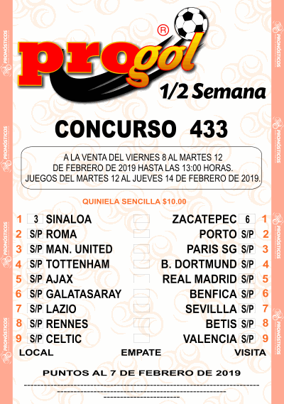 Partidos Progol Media Semana 433 Quiniela Ganadora