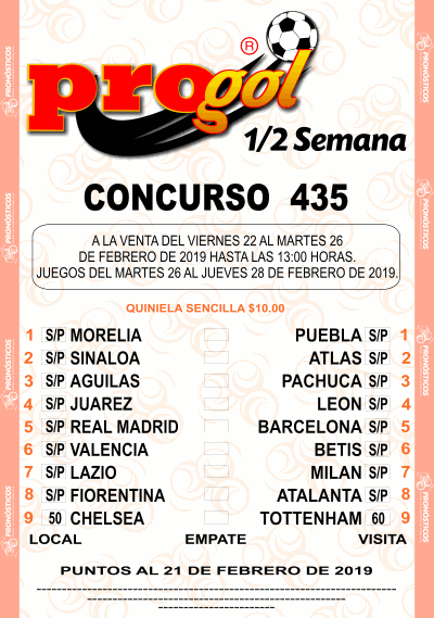 Partidos Progol Media Semana 435 Quiniela Ganadora