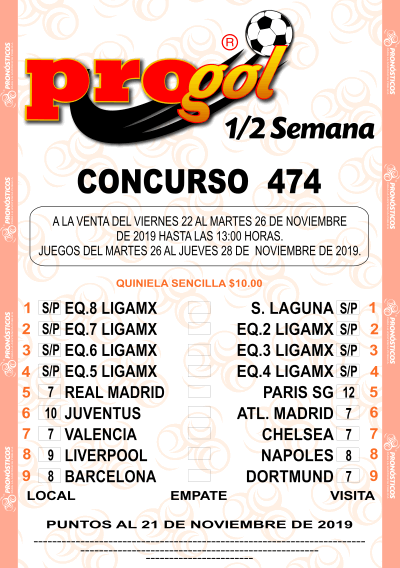 Partidos Progol Media Semana 474 Quiniela Ganadora