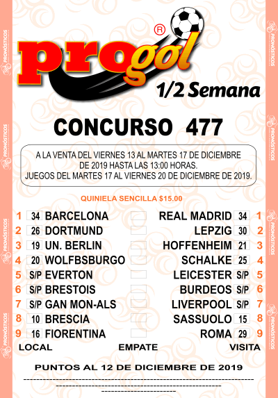Partidos Progol Media Semana 477 Quiniela Ganadora