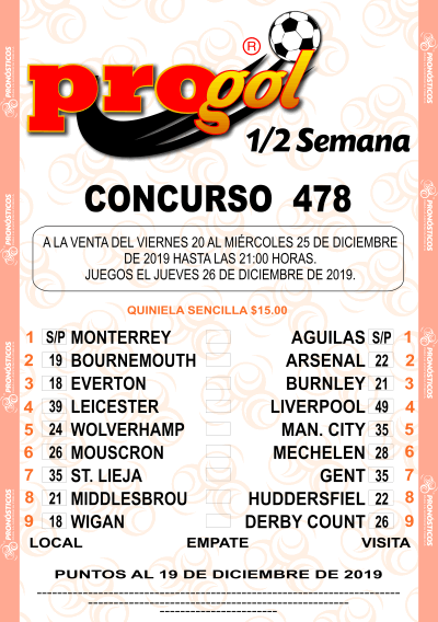 Partidos Progol Media Semana 478 Quiniela Ganadora