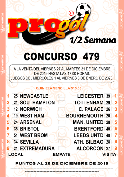 Partidos Progol Media Semana 479 Quiniela Ganadora