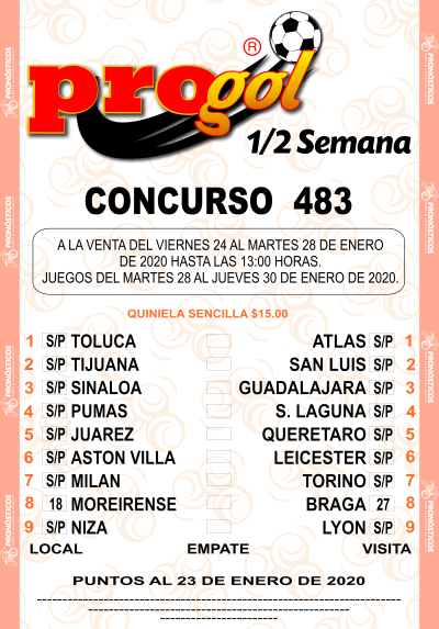 Partidos Progol Media Semana 483 Quiniela Ganadora
