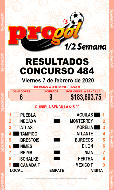 Momios Progol Media Semana 484 Quiniela Ganadora