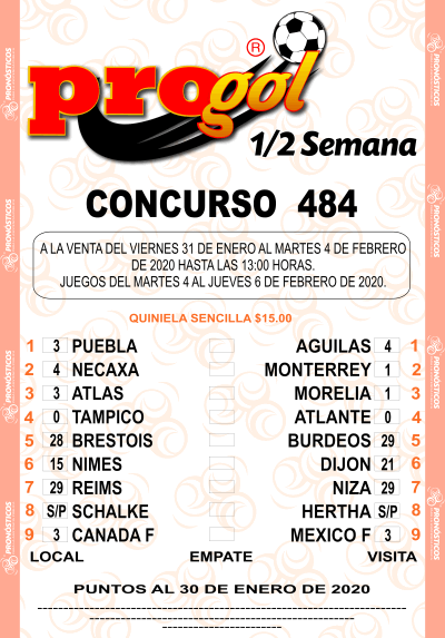 Partidos Progol Media Semana 484 Quiniela Ganadora