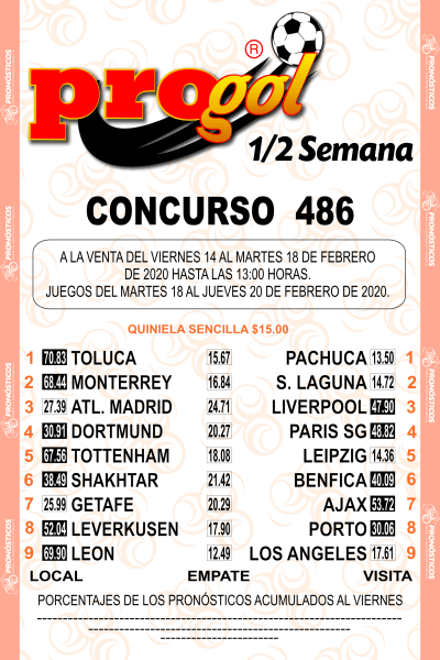 Momios Progol Media Semana 486 Quiniela Ganadora