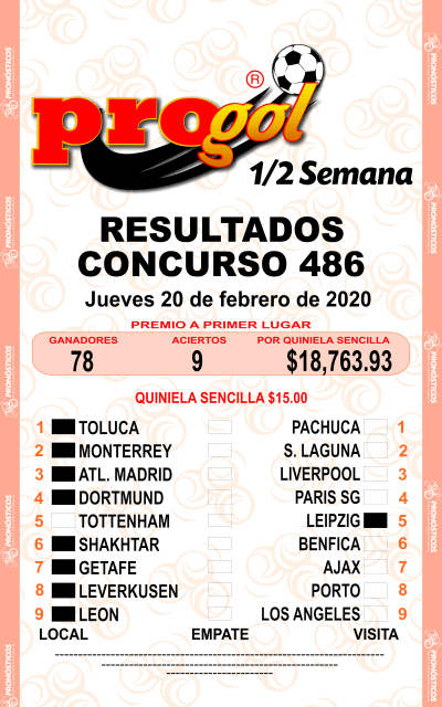 Resultados Progol Media Semana 486 Quiniela Ganadora