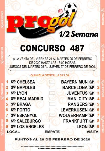 Partidos Progol Media Semana 487 Quiniela Ganadora