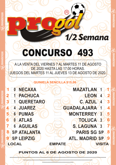 Partidos Progol Media Semana 493 Quiniela Ganadora