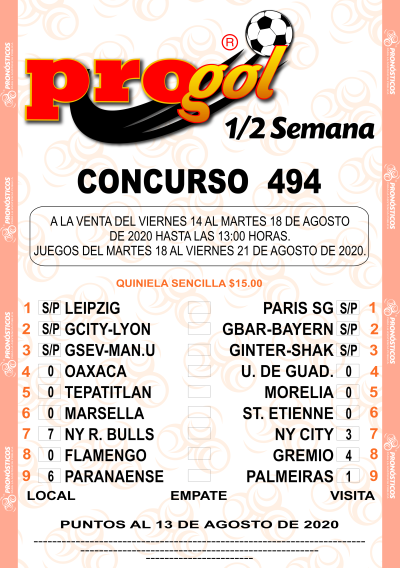 Partidos Progol Media Semana 494 Quiniela Ganadora