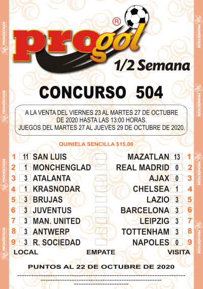 Partidos Progol Media Semana 504 Quiniela Ganadora