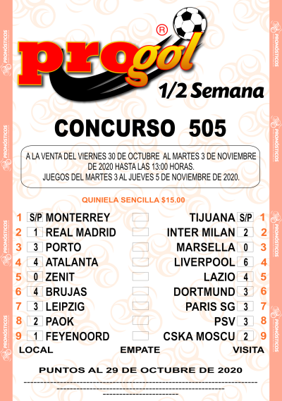 Partidos Progol Media Semana 505 Quiniela Ganadora