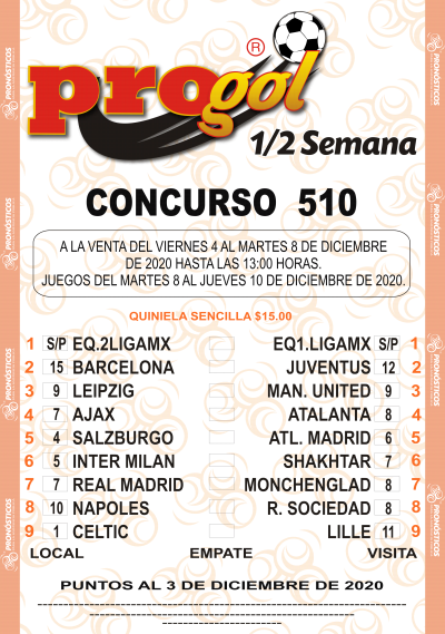 Partidos Progol Media Semana 510 Quiniela Ganadora