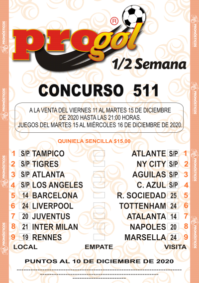 Partidos Progol Media Semana 511 Quiniela Ganadora
