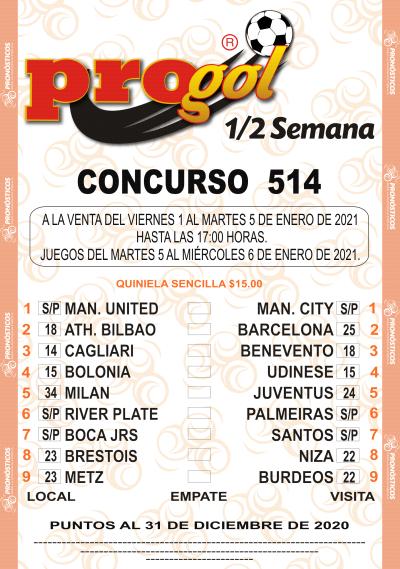 Partidos Progol Media Semana 514 Quiniela Ganadora
