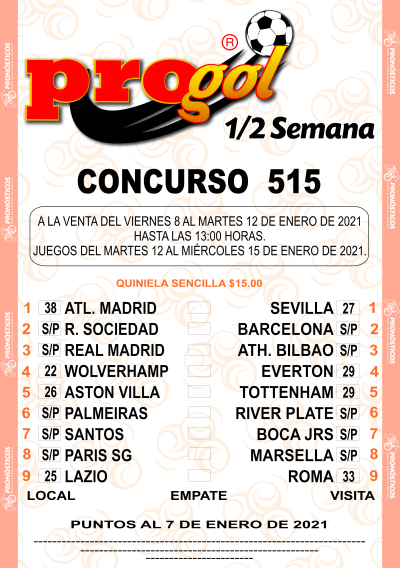 Partidos Progol Media Semana 515 Quiniela Ganadora