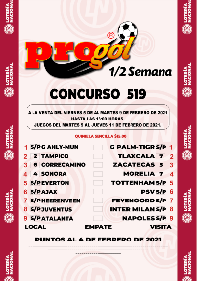 Partidos Progol Media Semana 519 Quiniela Ganadora