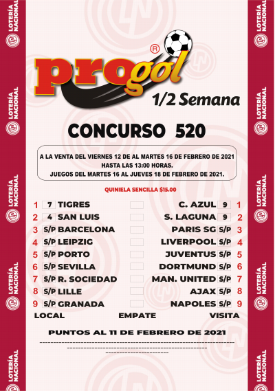 Partidos Progol Media Semana 520 Quiniela Ganadora