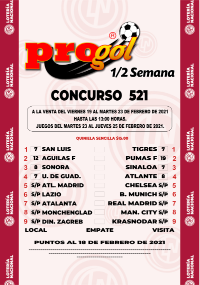 Partidos Progol Media Semana 521 Quiniela Ganadora