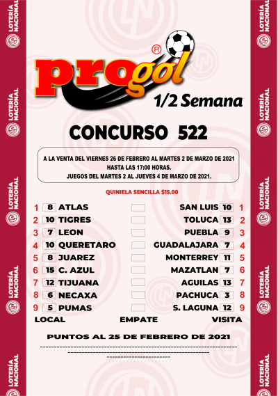 Partidos Progol Media Semana 522 Quiniela Ganadora