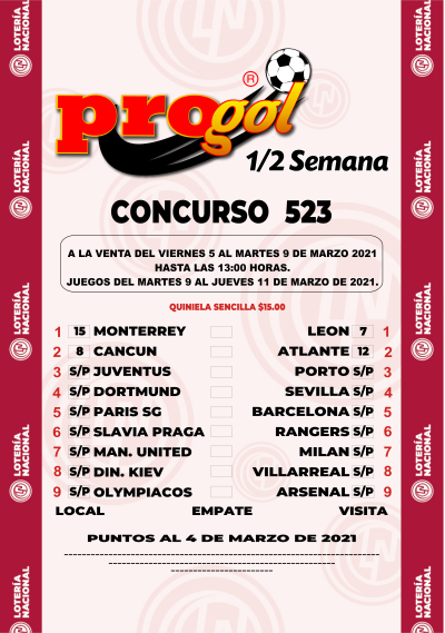 Partidos Progol Media Semana 523 Quiniela Ganadora