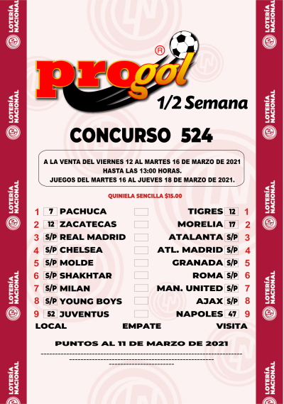 Partidos Progol Media Semana 524 Quiniela Ganadora