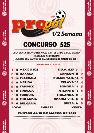 Partidos Progol Media Semana 525 Quiniela Ganadora