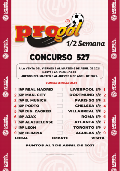 Partidos Progol Media Semana 527 Quiniela Ganadora