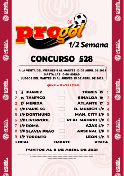 Partidos Progol Media Semana 528 Quiniela Ganadora