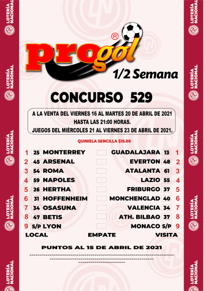 Partidos Progol Media Semana 529 Quiniela Ganadora