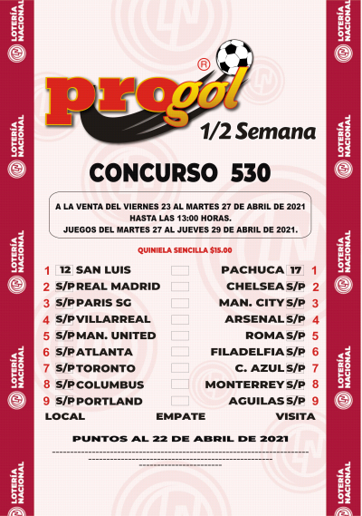 Partidos Progol Media Semana 530 Quiniela Ganadora