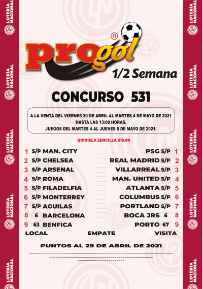 Partidos Progol Media Semana 531 Quiniela Ganadora