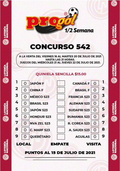 Partidos Progol Media Semana 542 Quiniela Ganadora