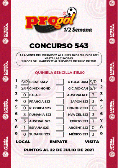 Partidos Progol Media Semana 543 Quiniela Ganadora