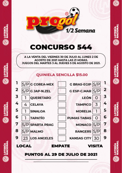 Partidos Progol Media Semana 544 Quiniela Ganadora