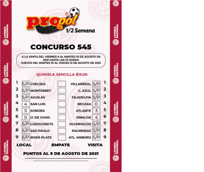 Partidos Progol Media Semana 545 Quiniela Ganadora