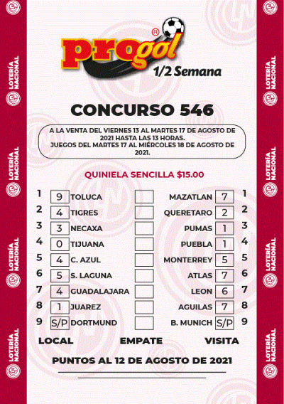 Partidos Progol Media Semana 546 Quiniela Ganadora