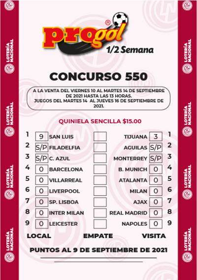 Partidos Progol Media Semana 550 Quiniela Ganadora