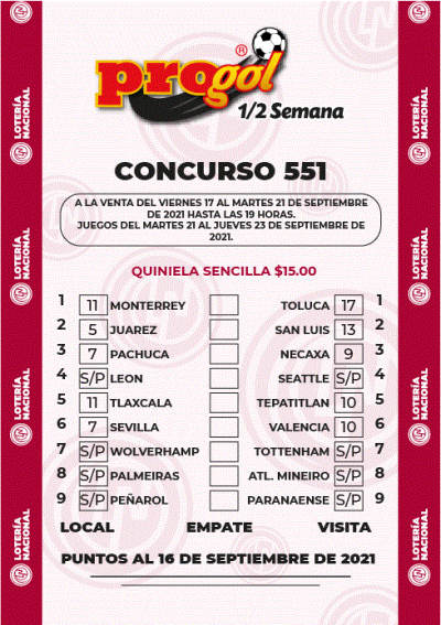 Partidos Progol Media Semana 551 Quiniela Ganadora