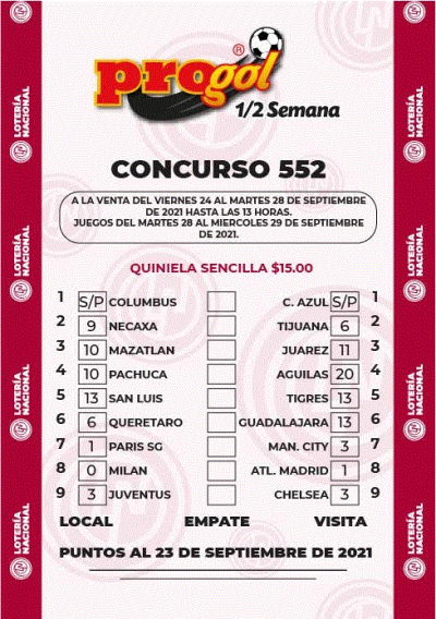 Partidos Progol Media Semana 552 Quiniela Ganadora