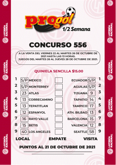 Partidos Progol Media Semana 556 Quiniela Ganadora
