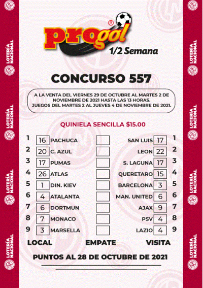 Partidos Progol Media Semana 557 Quiniela Ganadora