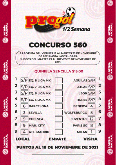 Partidos Progol Media Semana 560 Quiniela Ganadora