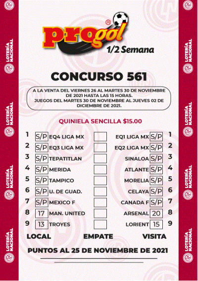 Partidos Progol Media Semana 561 Quiniela Ganadora
