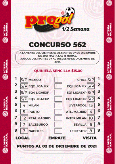 Partidos Progol Media Semana 562 Quiniela Ganadora